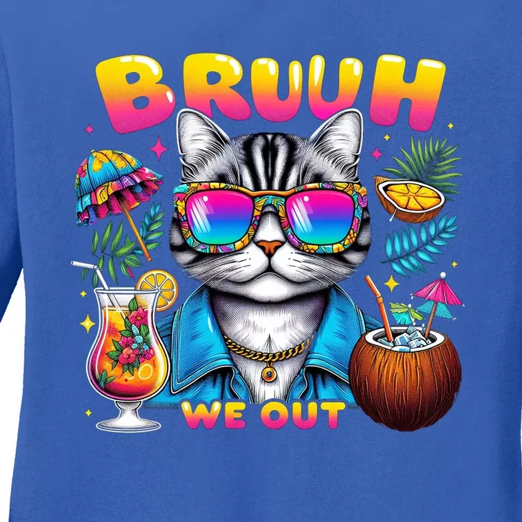 Cute Last Day Of School Year Summer Cat Bruh We Out Student Gift Ladies Long Sleeve Shirt