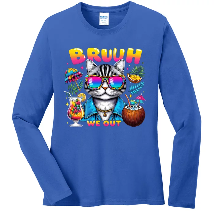 Cute Last Day Of School Year Summer Cat Bruh We Out Student Gift Ladies Long Sleeve Shirt