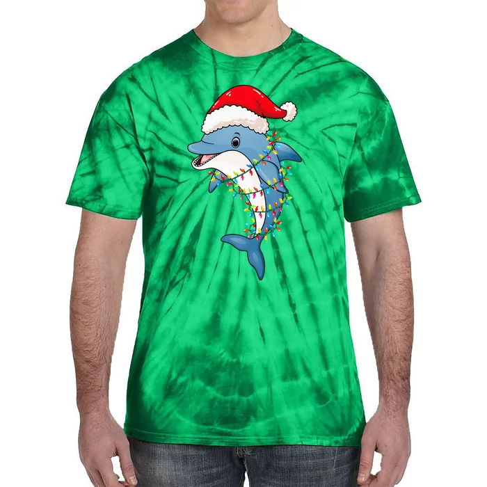 Christmas Lights Dolphin Wearing Xmas Hat Dolphin Lover Tie-Dye T-Shirt