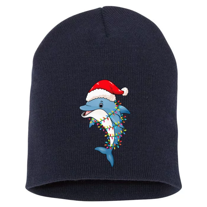 Christmas Lights Dolphin Wearing Xmas Hat Dolphin Lover Short Acrylic Beanie