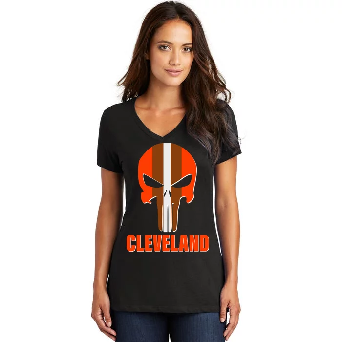 Cleveland Skull Football Women's V-Neck T-Shirt