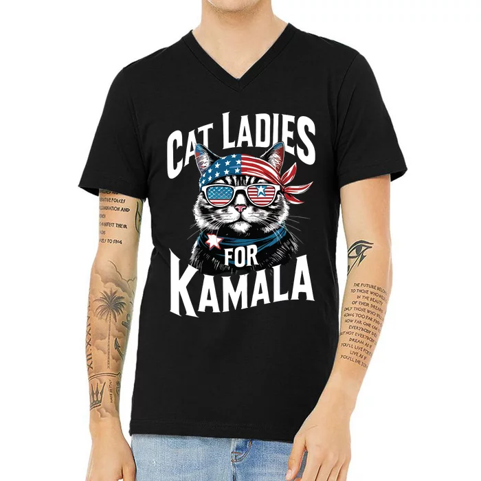 Cat Ladies For Kamala 2024 President Kamalaharris V-Neck T-Shirt