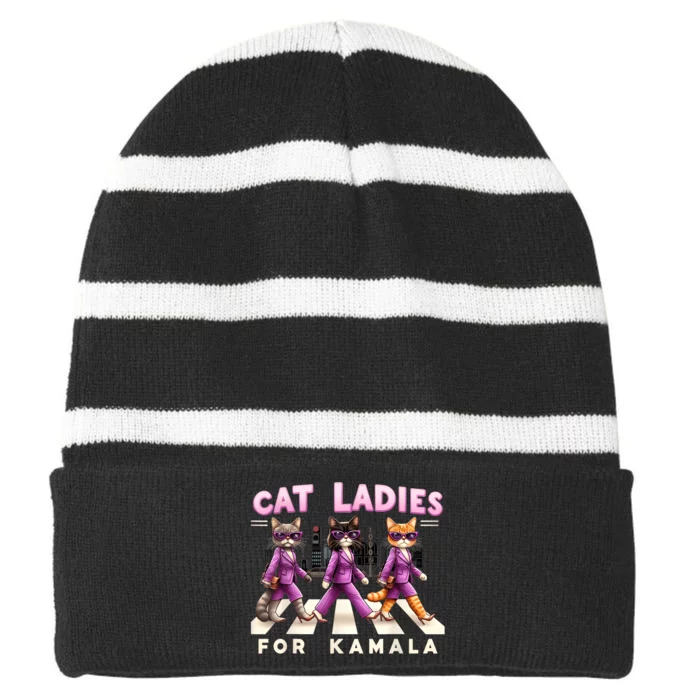 Cat Ladies For Kamala Vote Kamala Harris 2024 Cat Lover Striped Beanie with Solid Band