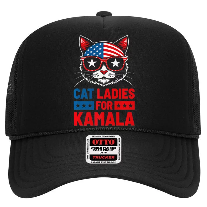 Cat Ladies For Kamala Funny Cat 2024 President Kamala Harris Premium High Crown Mesh Trucker Hat