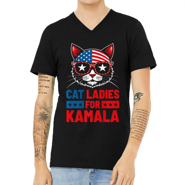 Cat Ladies For Kamala Funny Cat 2024 President Kamala Harris Premium V-Neck T-Shirt