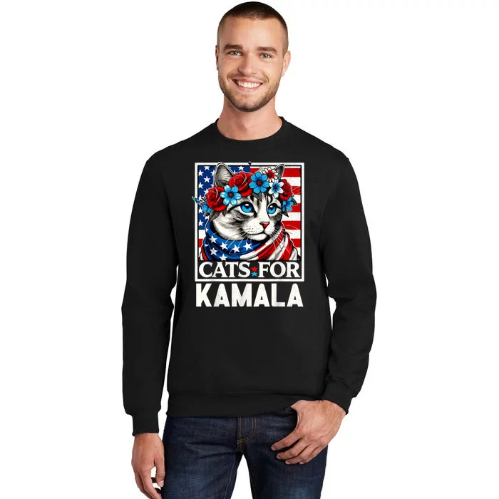 Cat Ladies For Kamala Funny Cat 2024 President Kamalaharris Tall Sweatshirt