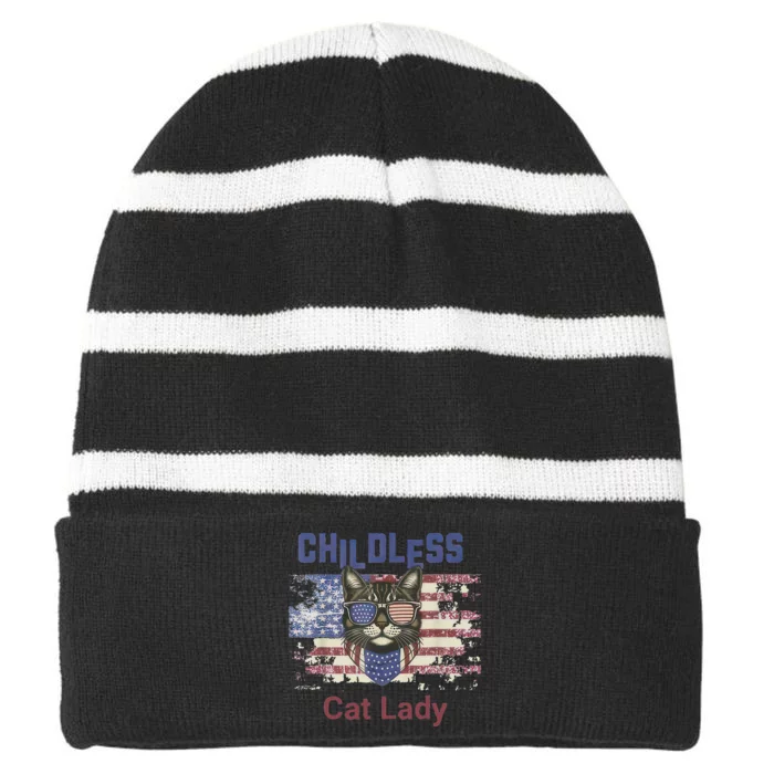 Cat Lover Feminist Childless Cat Lady Votes Striped Beanie with Solid Band