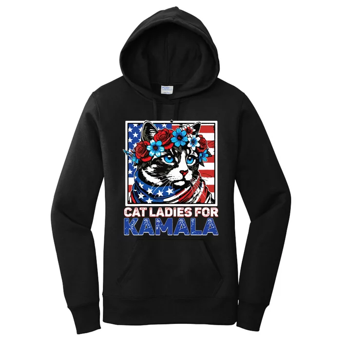 Cat Ladies For Kamala Funny Cat 2024 President Kamalaharris Women's Pullover Hoodie