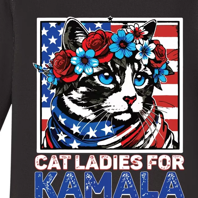 Cat Ladies For Kamala Funny Cat 2024 President Kamalaharris Baby Long Sleeve Bodysuit