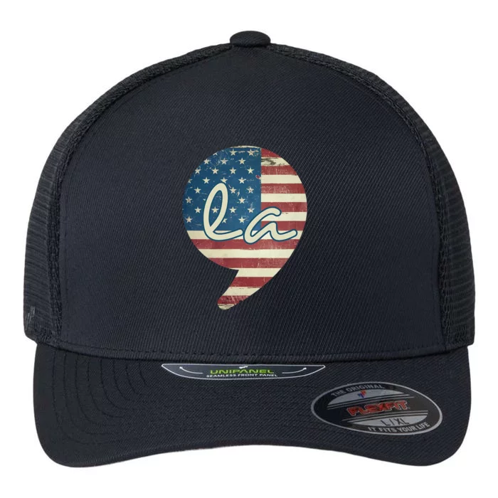 Comma La Funny Kamala Harris Usa Flag Flexfit Unipanel Trucker Cap