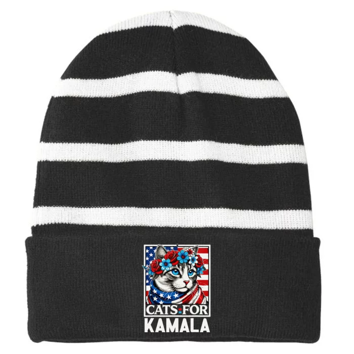 Cat Ladies For Kamala Funny Cat 2024 President Kamalaharris Gift Striped Beanie with Solid Band