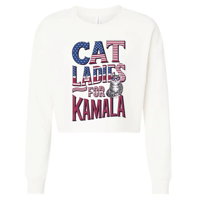 Cat Ladies For Kamala Patriotic Usa Flag Typography Design Cropped Pullover Crew