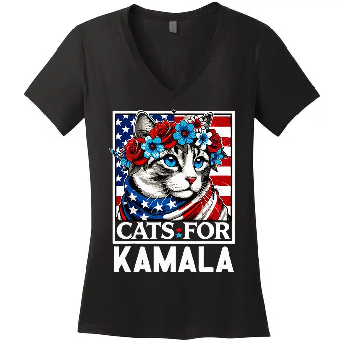 Cat Ladies For Kamala Funny Cat 2024 President Kamalaharris Women's V-Neck T-Shirt