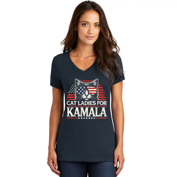 Cat Ladies For Kamala Funny Cat 2024 President Kamalaharris Women's V-Neck T-Shirt