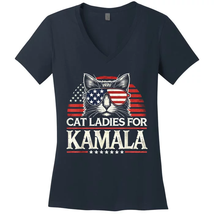 Cat Ladies For Kamala Funny Cat 2024 President Kamalaharris Women's V-Neck T-Shirt