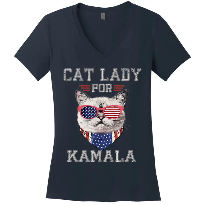 Cat Ladies For Kamala Funny Cat 2024 President Kamalaharris Women's V-Neck T-Shirt