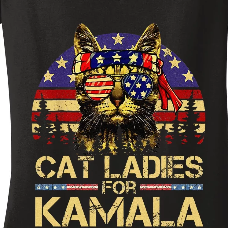 Cat Ladies For Kamala Funny Cat 2024 President Kamala Harris Women's V-Neck T-Shirt