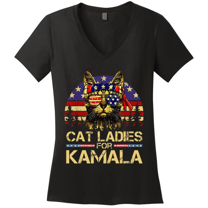 Cat Ladies For Kamala Funny Cat 2024 President Kamala Harris Women's V-Neck T-Shirt