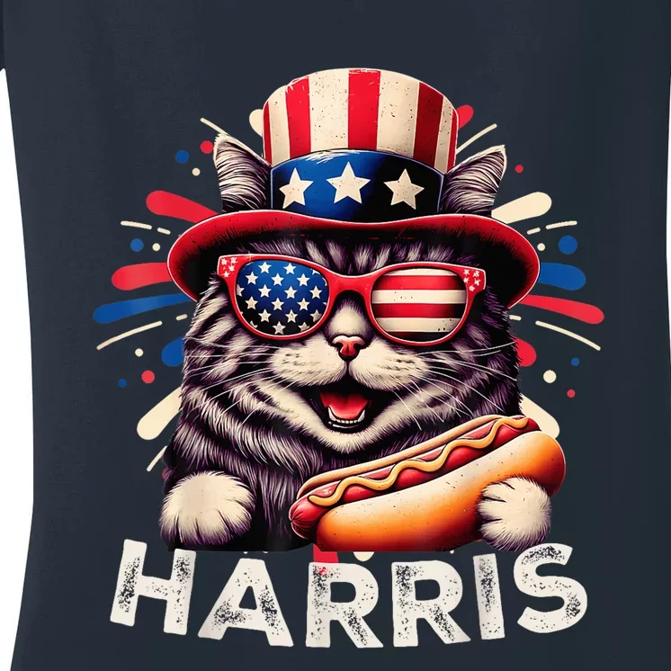 Cat Ladies For Kamala Funny Cat 2024 President Kamalaharris Women's V-Neck T-Shirt