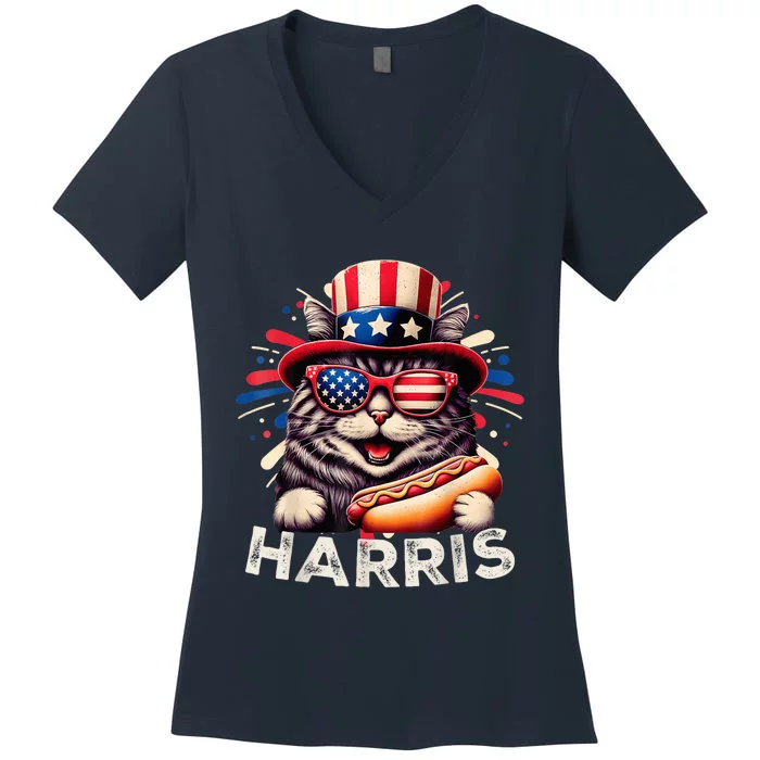 Cat Ladies For Kamala Funny Cat 2024 President Kamalaharris Women's V-Neck T-Shirt