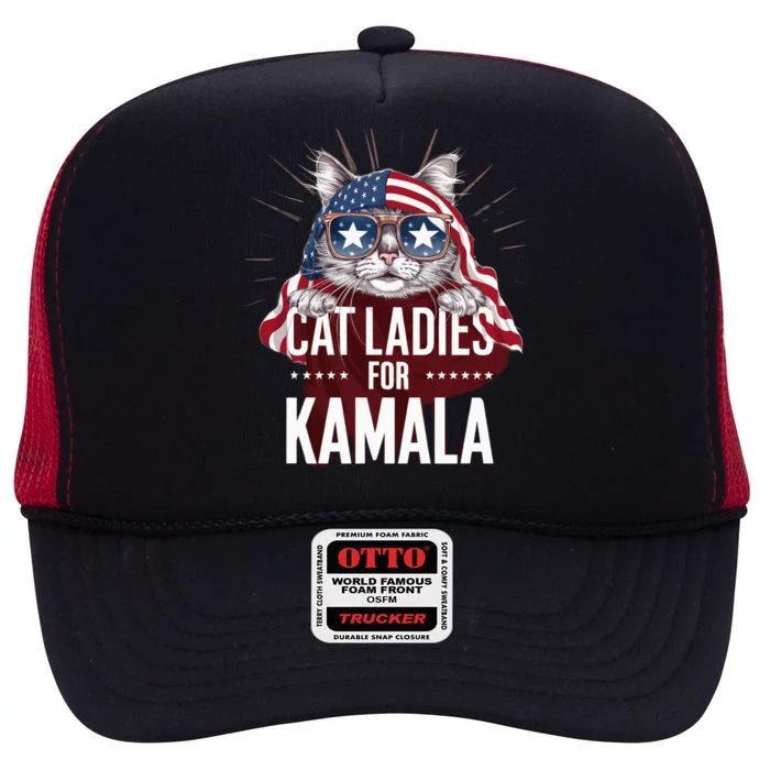 Cat Ladies For Kamala Funny Cat 2024 President Kamalaharris High Crown Mesh Trucker Hat