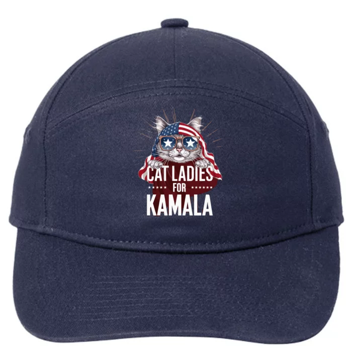 Cat Ladies For Kamala Funny Cat 2024 President Kamalaharris 7-Panel Snapback Hat