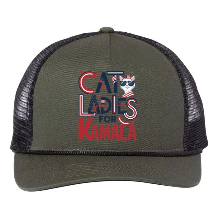 Cat Ladies For Kamala Patriotic Typography Design Us Flag Cat Lovers Retro Rope Trucker Hat Cap