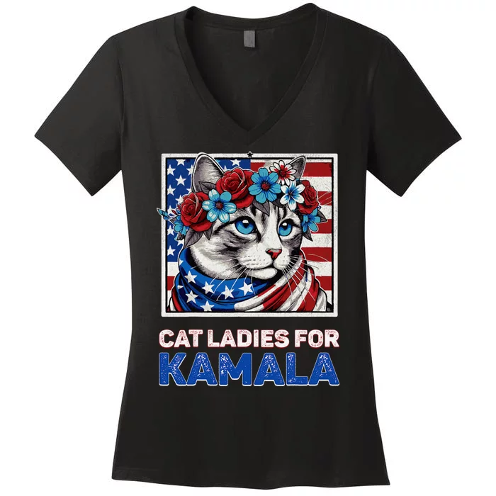 Cat Ladies For Kamala Funny Cat 2024 President Kamalaharris Women's V-Neck T-Shirt