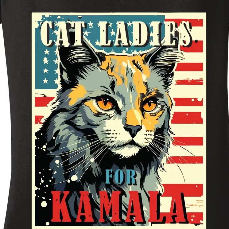 Cat Ladies For Kamala Funny Cat 2024 President Kamalaharris Women's V-Neck T-Shirt