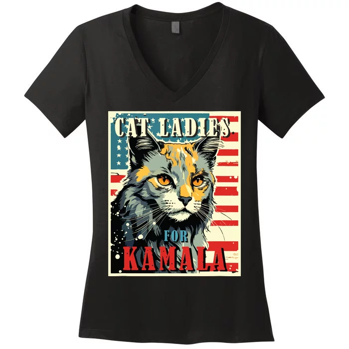 Cat Ladies For Kamala Funny Cat 2024 President Kamalaharris Women's V-Neck T-Shirt