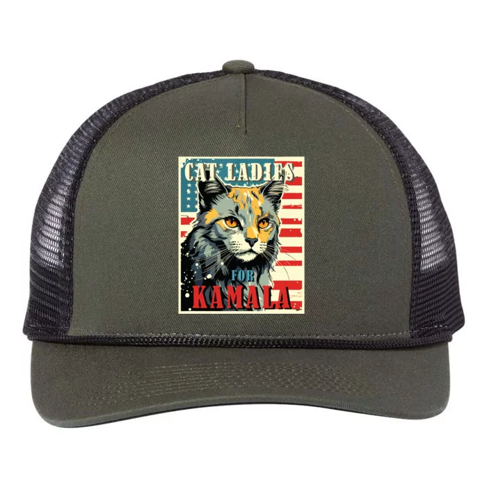 Cat Ladies For Kamala Funny Cat 2024 President Kamalaharris Retro Rope Trucker Hat Cap