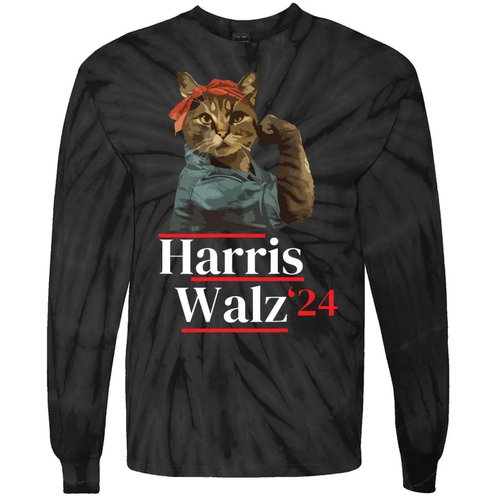 Cat Ladies For Kamala Walz Funny Cat 2024 President Tie-Dye Long Sleeve Shirt