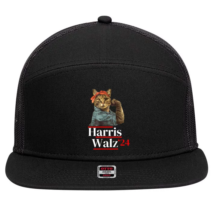 Cat Ladies For Kamala Walz Funny Cat 2024 President 7 Panel Mesh Trucker Snapback Hat