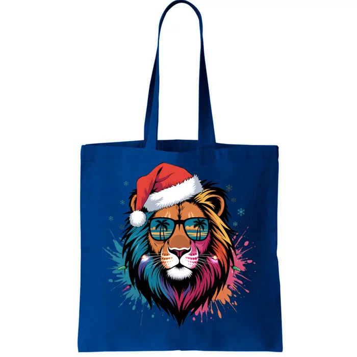 Christmas Lion Face Santa Hat Snowflakes Sunglasses Tropical Gift Tote Bag