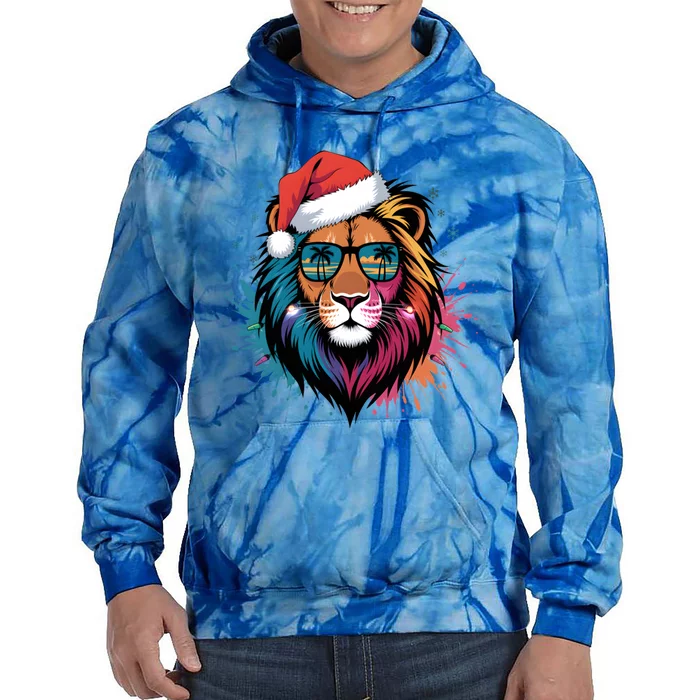 Christmas Lion Face Santa Hat Snowflakes Sunglasses Tropical Gift Tie Dye Hoodie