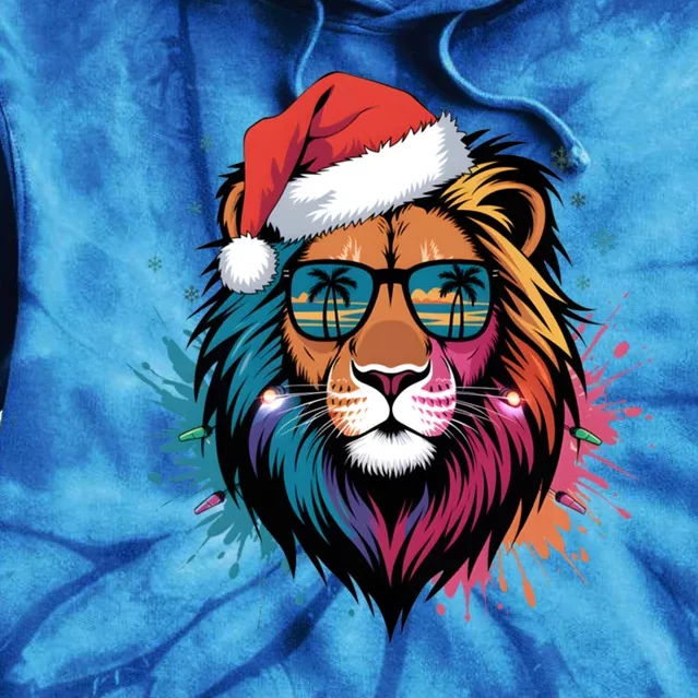 Christmas Lion Face Santa Hat Snowflakes Sunglasses Tropical Gift Tie Dye Hoodie