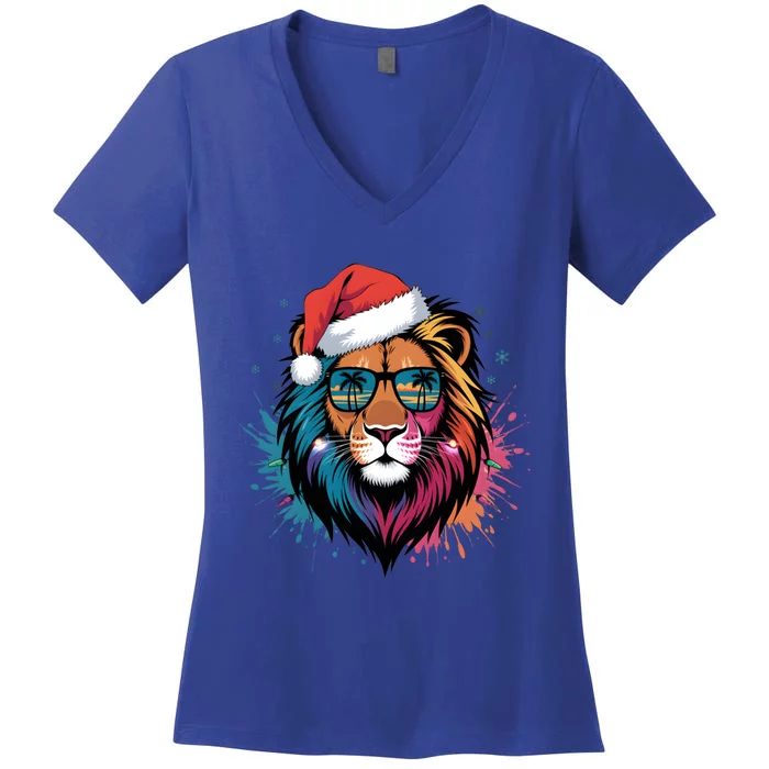 Christmas Lion Face Santa Hat Snowflakes Sunglasses Tropical Gift Women's V-Neck T-Shirt