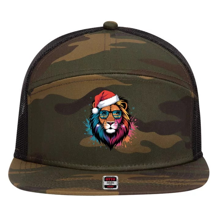 Christmas Lion Face Santa Hat Snowflakes Sunglasses Tropical Gift 7 Panel Mesh Trucker Snapback Hat