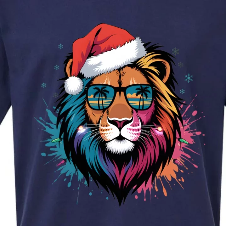 Christmas Lion Face Santa Hat Snowflakes Sunglasses Tropical Gift Sueded Cloud Jersey T-Shirt