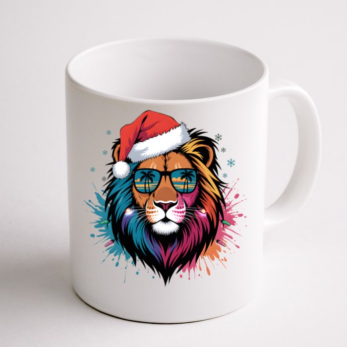 Christmas Lion Face Santa Hat Snowflakes Sunglasses Tropical Gift Front & Back Coffee Mug