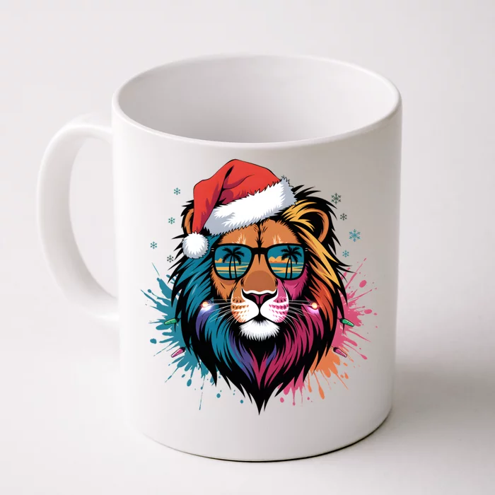 Christmas Lion Face Santa Hat Snowflakes Sunglasses Tropical Gift Front & Back Coffee Mug