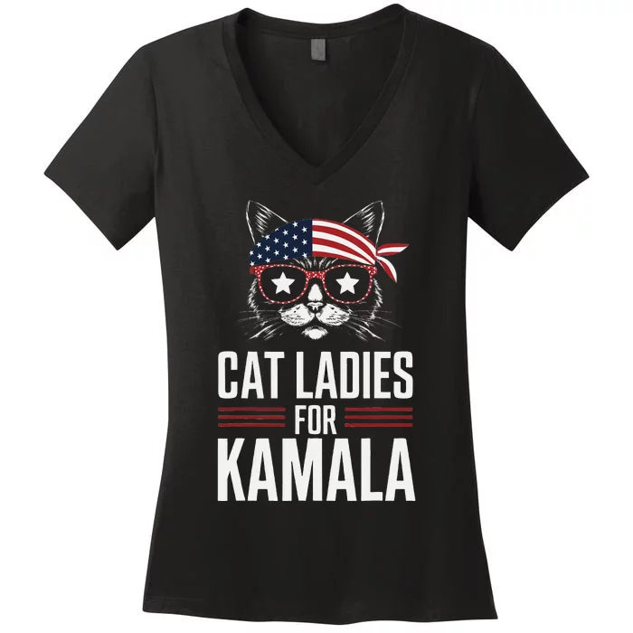 Cat Ladies For Kamala Funny Cat 2024 President Kamala Harris Women's V-Neck T-Shirt