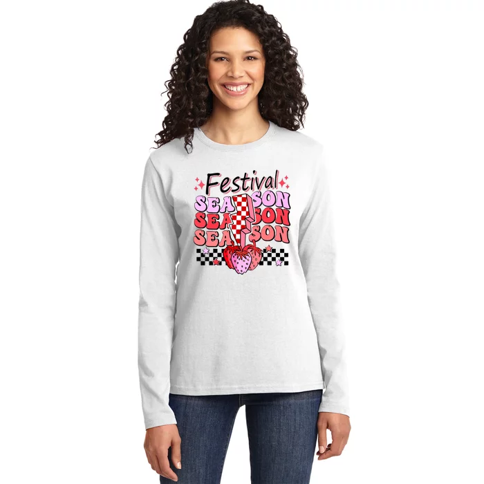 Checkered Lightning Festival Season Strawberry Fruit Lover Ladies Long Sleeve Shirt