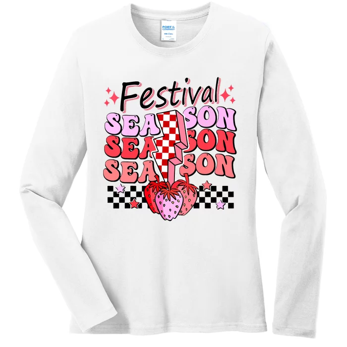 Checkered Lightning Festival Season Strawberry Fruit Lover Ladies Long Sleeve Shirt