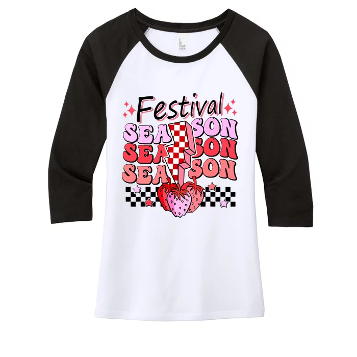 Checkered Lightning Festival Season Strawberry Fruit Lover Women's Tri-Blend 3/4-Sleeve Raglan Shirt