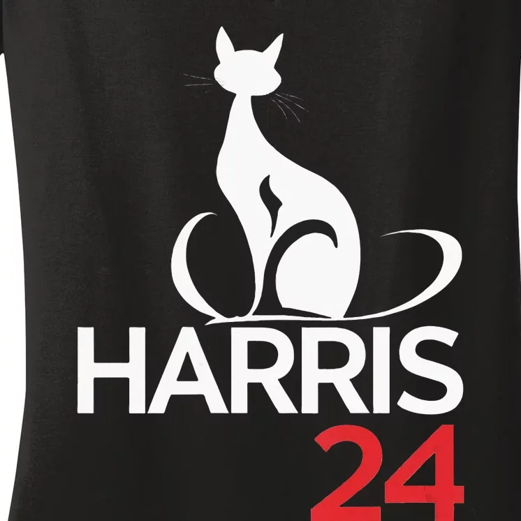 Cat Ladies For Kamala Funny Cat 2024 President Kamala Harris Women's V-Neck T-Shirt