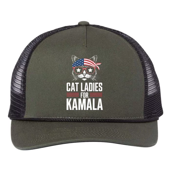 Cat Ladies For Kamala Funny Cat 2024 President Kamalaharris Retro Rope Trucker Hat Cap