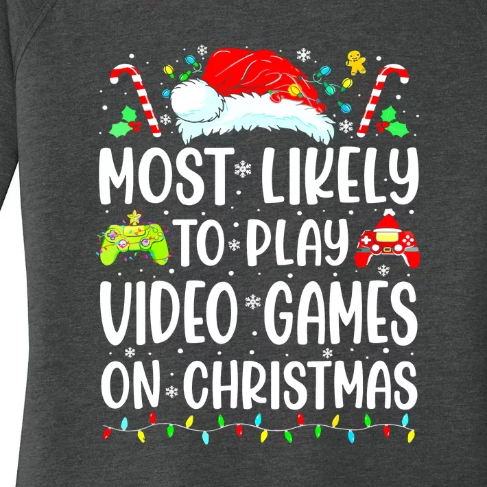 Christmas Lights Funny Gamer Most Likely To Play Video Games On Gift Women's Perfect Tri Tunic Long Sleeve Shirt