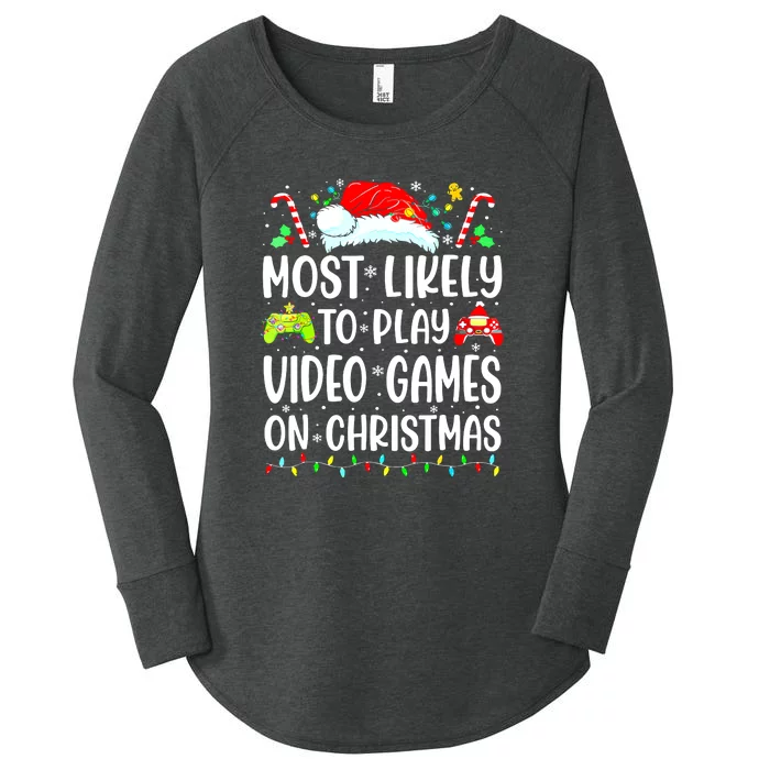 Christmas Lights Funny Gamer Most Likely To Play Video Games On Gift Women's Perfect Tri Tunic Long Sleeve Shirt