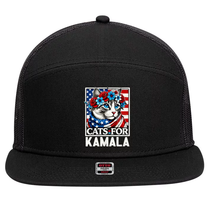 Cat Ladies For Kamala Funny Cat 2024 President Kamala Harris 7 Panel Mesh Trucker Snapback Hat